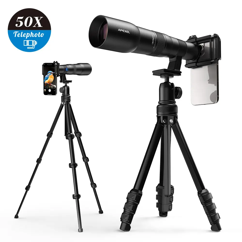 APEXEL 50X Mobile Phone Lens Photographic Kit - Aluminium, Multi-Coating HD Glass, Tripod Mount, for iPhone 16 Pro Max/Samsung, Wildlife & Moon Shots, Pro Vlogging Gift