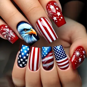24pcs Medium Square Independence Day Full Coverage Glossy Artificial Nails, Festive Looks, Eagle American Flag Design, Blue Nail Art, Summer Nails