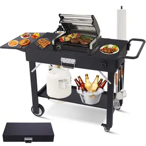 WGCTEK Outdoor Grill Cart with Storage Patio Kitchen Island with Wheels Hooks and Spice Rack Table Movable BBQ Serving for Home Party Bar