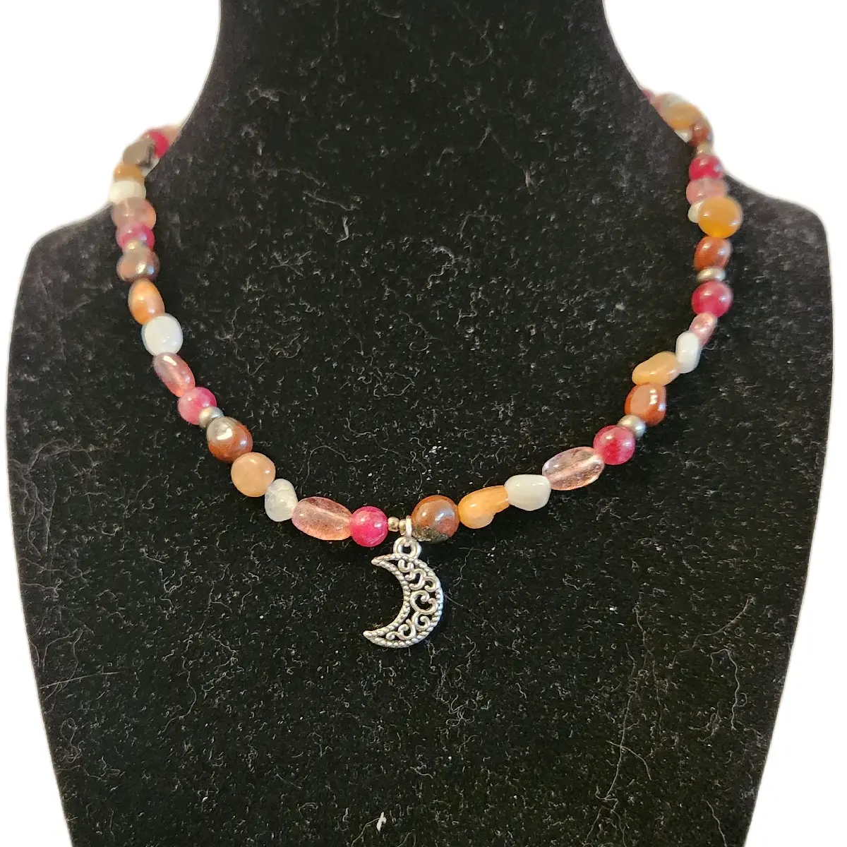 Lesbian Pride Flag themed Natural Crystal Necklace made from Watermelon Quartz, Strawberry Quartz, Moonstone, Orange Moonstone, and Dragon Bloodstone with a beautifup vintage style Moon Pendant