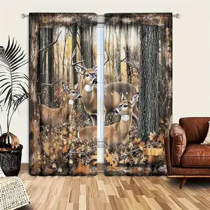 Retro forest curtains with deer patterns, 2-piece set, semi transparent polyester fiber material, pole bag design, suitable for home decoration, Home decoration curtain
