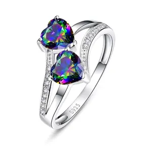 【HXS】925 Sterling Silver Double Heart Mystic Topaz Ring Sparkling CZ Wedding Engagement Band Gift