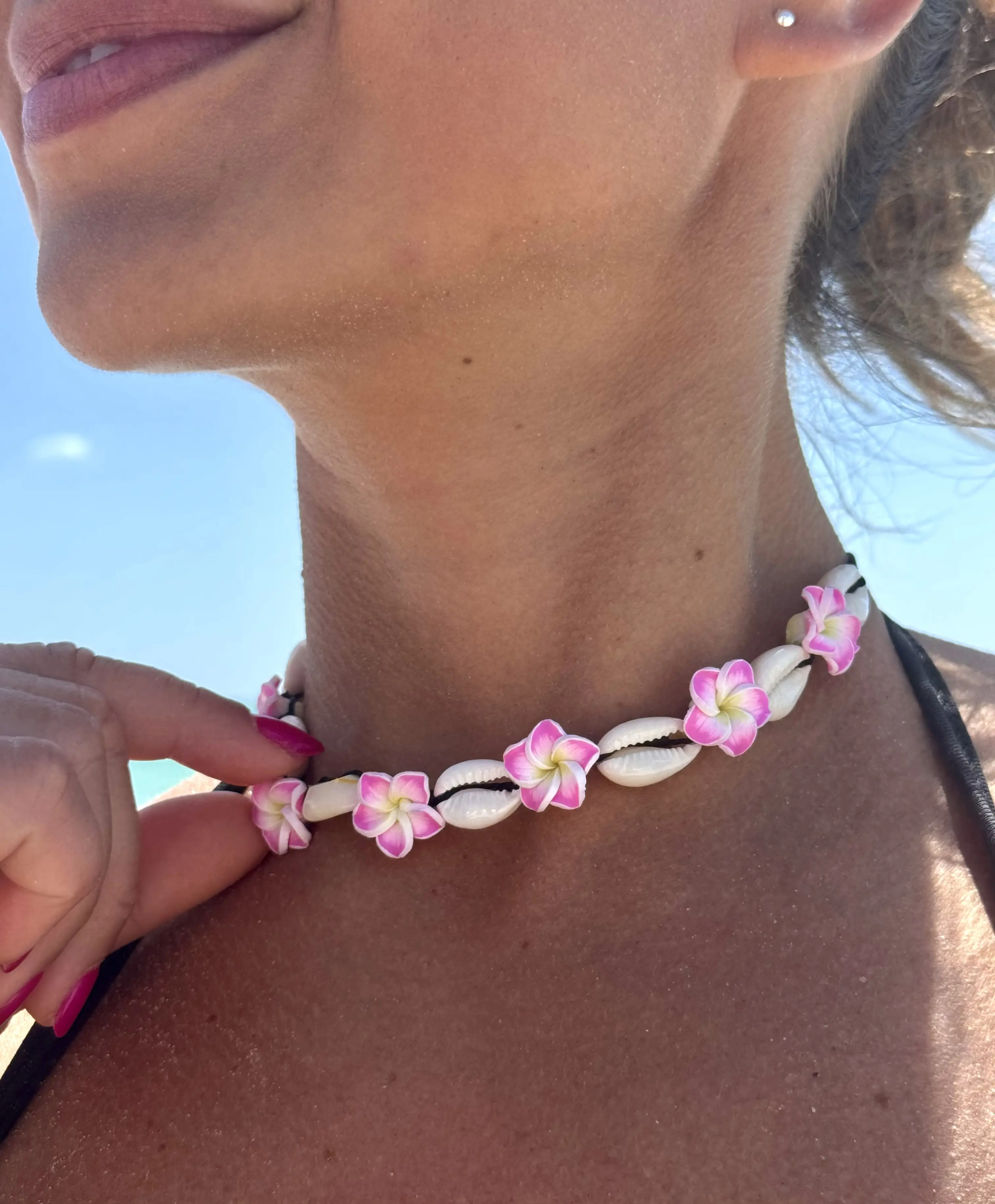 cowrie shell pink flower adjustable necklace