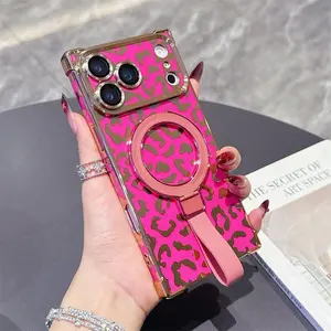 High-Quality Leopard Print Magnetic Phone Case with Lens Film for iPhone 17-13 Pro Max, Ring Stand, Wireless Charging, Car Magnet, Shockproof