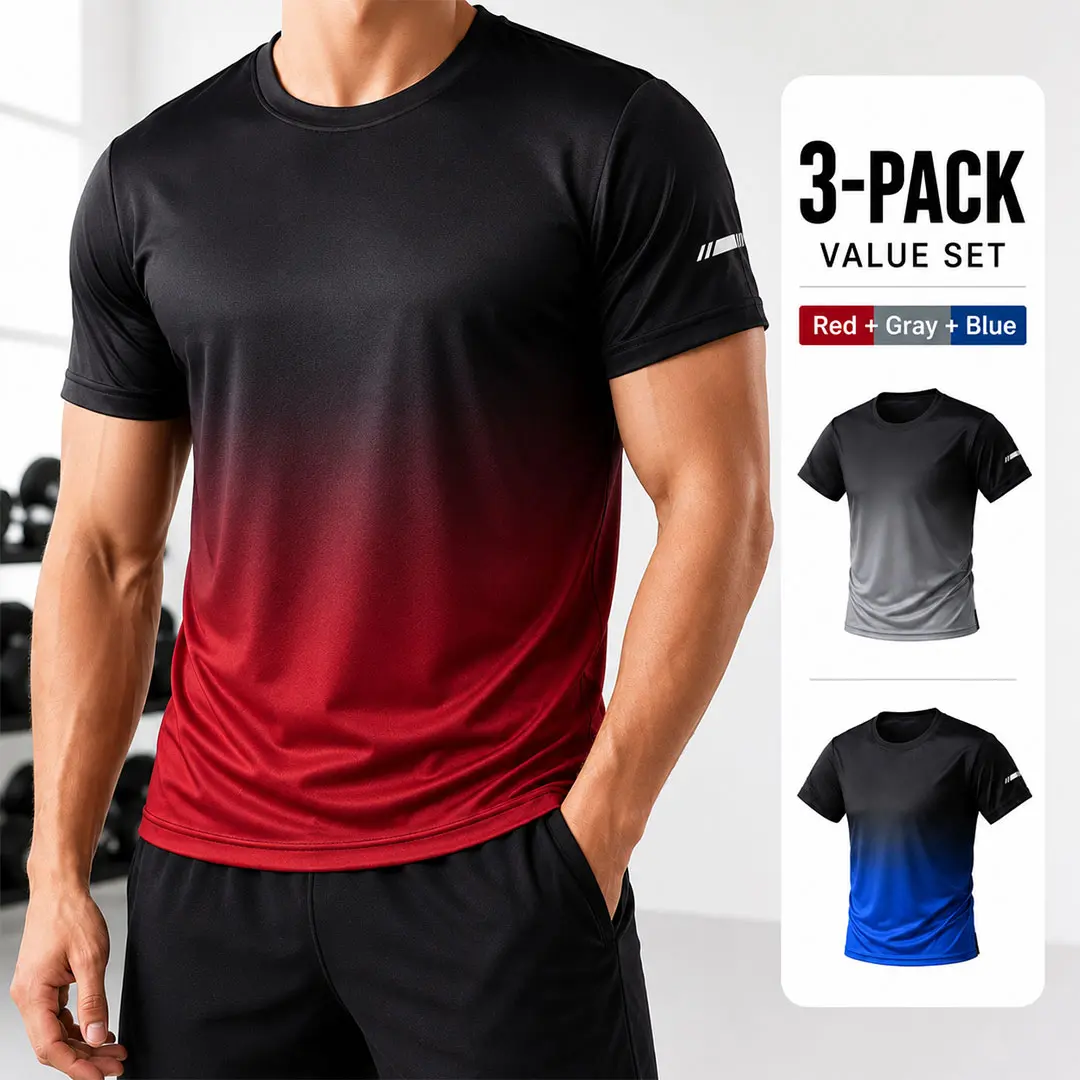 Men’s 3-Pack Gradient Sports T-Shirts, Lightweight & Breathable Short-Sleeve Crew Neck Casual Athletic Tops for Fitness
