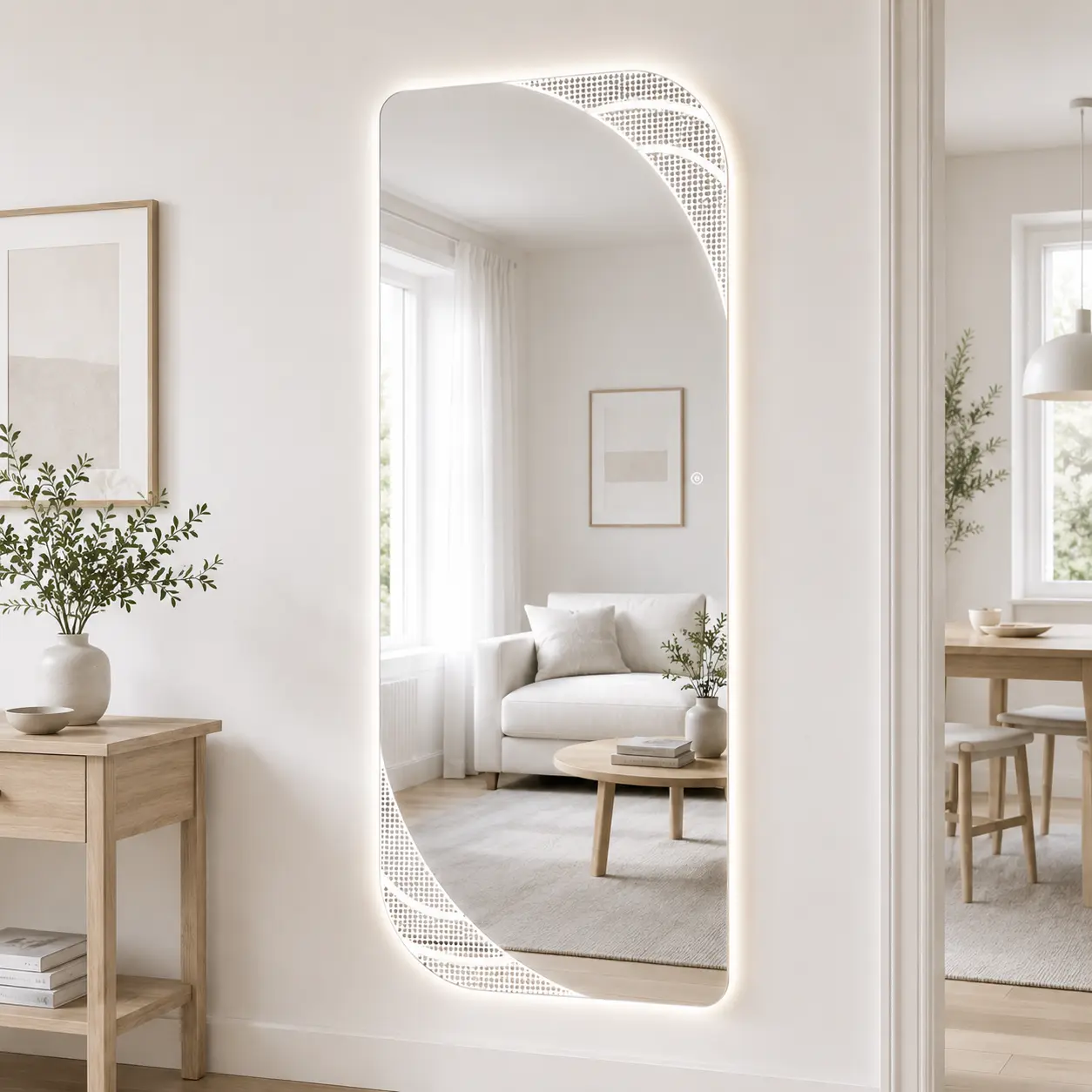 Irregular Shape Tempered Glass LED Full Length Wall Mirror, Lighted Full Body Dressing Mirror with 3 Color Lighting, Touch Control Dimmable Mirror for Bedroom Closet Entrywayghtness for Bedroom, Closet, Entryway