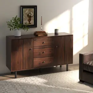 Retro Rustic Brown Mid-Century Modern Sideboard Buffet Table - 2 Cabinets, 3 Drawers - Dining Room Credenza Console for China, Table Linens, Silverware - Ideal for Kitchen Breakfast Nooks