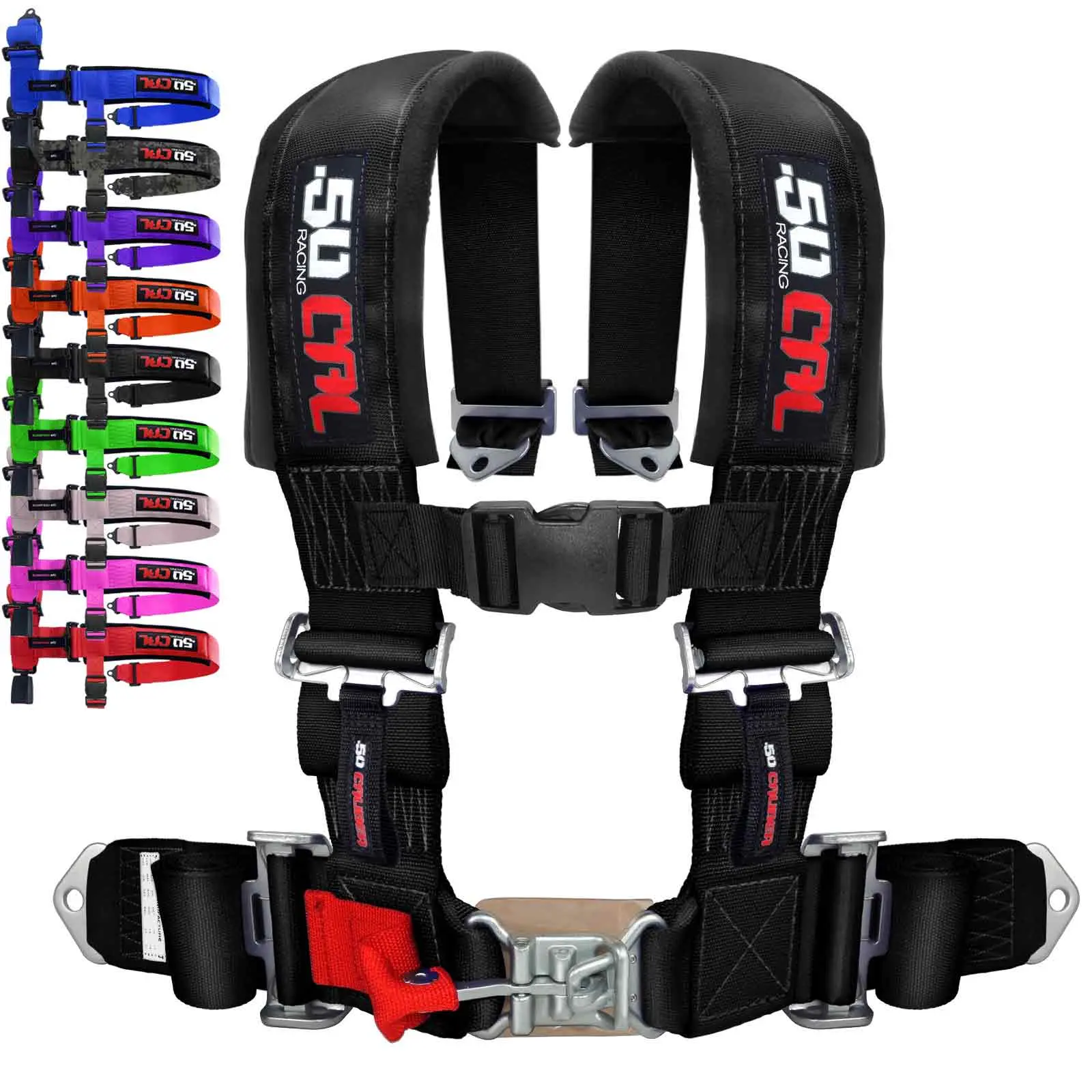 50 Caliber Racing Harness 4 & 5 Point 2" & 3" with Latch Release for UTV Enthusiasts Ultra Kush Padding Comfortable & Adjustable Belts