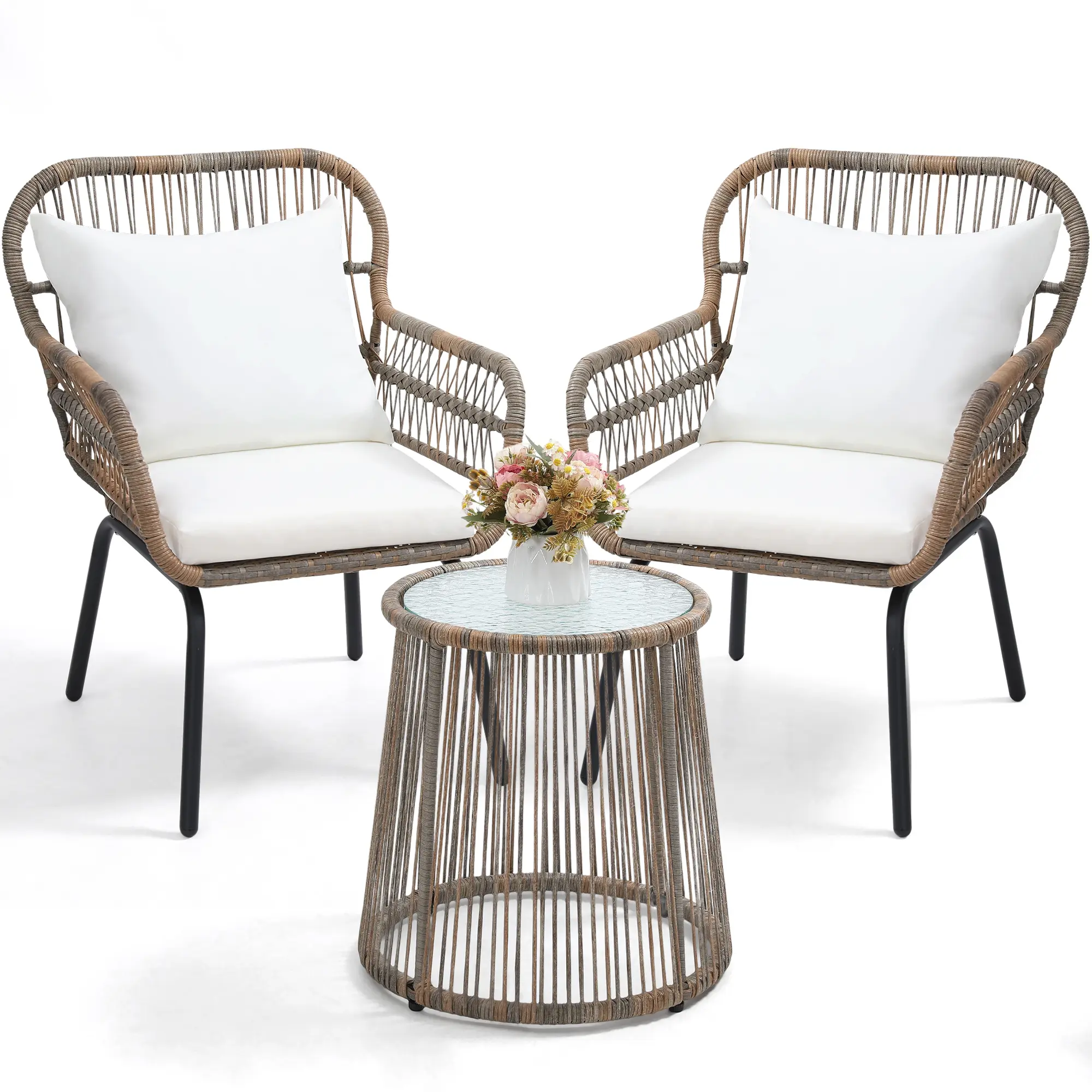 Delux 3 Piece Outdoor Bistro Patio Set for 2, Includes 2 Wicker Chairs with Matching Glass Top Table, Washable Cushions, Ideal for Balcony or Porch. [Beige Black Grey] summergarden