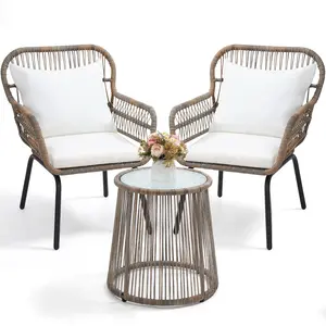 3 Piece Outdoor Bistro Patio Set for 2, Includes 2 Wicker Chairs withMatching Glass Top Table, Washable Cushions, Ideal for Balcony orPorch. [Beige Black Grey]