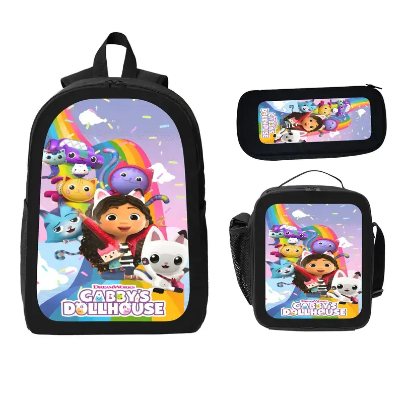 Gabby's Dollhouse Backpack for Girls Cute School Backpack Aesthetic Bookbag for Teens Lightweight Travel Work Backpack 3Pcs Set Backpack+Lunch Bag+Pencil Case, Boys Girls Cute Pink Bag