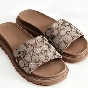 Women's Brynn Signature Crystal Jacquard Slide Sandal, Summer Crystal Embellished Sandals,Fashionable slippers(NO BOX)