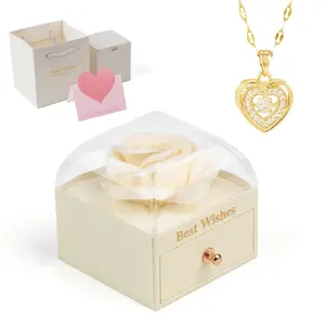 Best Wishes Heart Shaped Pendant Necklace with Artificial Rose in Elegant Gift Box Set for Girlfriend Mom Friends Birthday  & Christmas Outdoorfun Jewellery，Chains,Holiday Gift