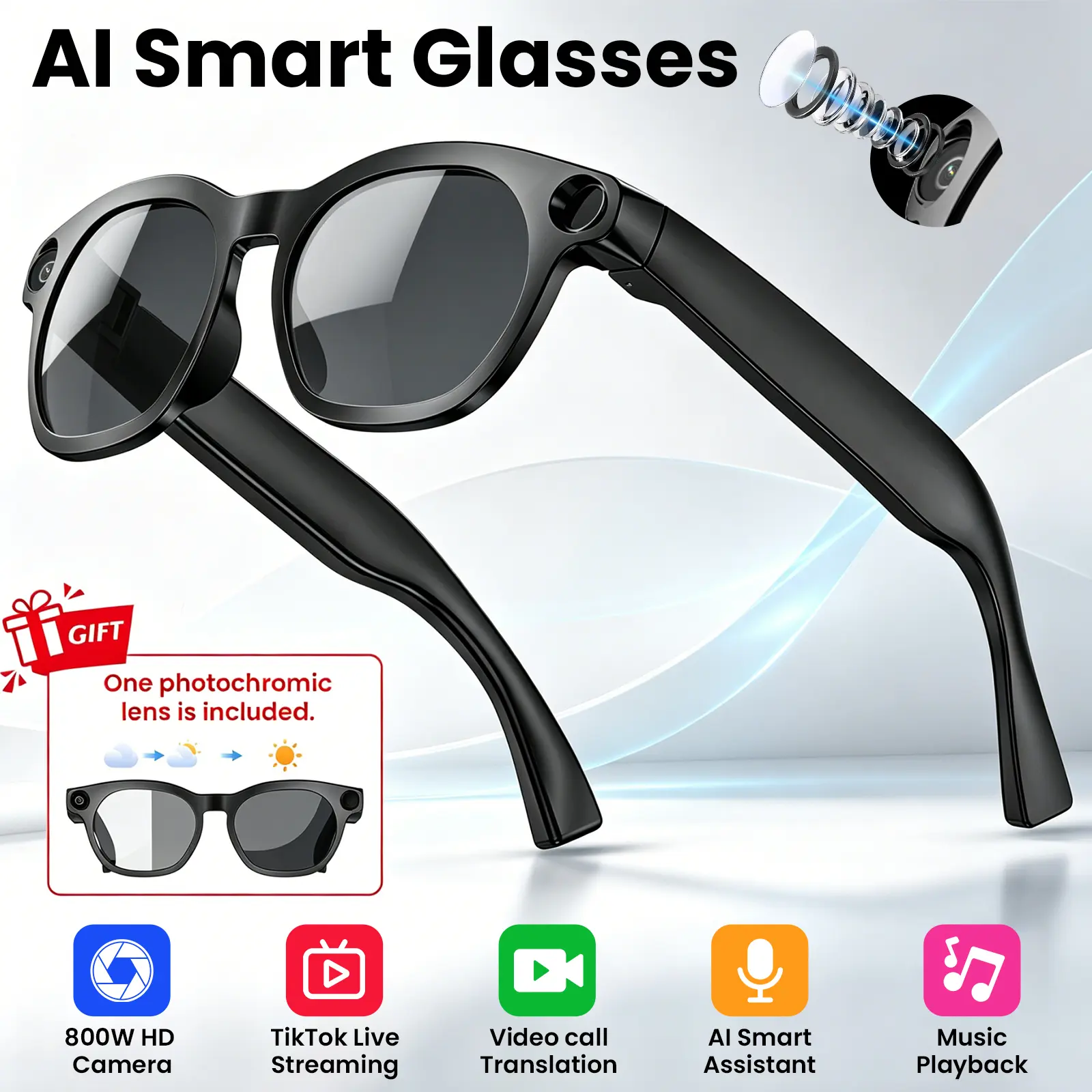 Wearable Modern Wireless Smart Glasses with Built-in Camera for Photo-Taking & Video-Recording, Free Extra Sunglass Lenses Gift,back to school,back to school haul