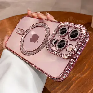 For 16 15 Pro Max Bling Fashion Crystal Diamond Clear Case For iPhone 16 15 11 12 13 14 Pro Max Plus Sparkly Magsafe Magnetic Wireless Charging Cover Link No.248
