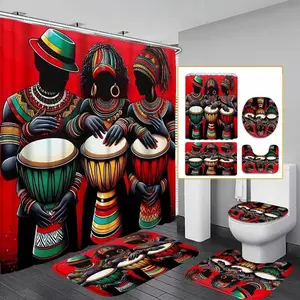 1/4pcs  African Tribal Pattern Bathroom Decor Set, 4 Countsset Including Shower Curtain & Toilet Lid Cover & Mat & U-shaped Mat, Bathroom Accessories
