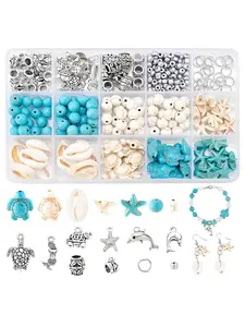 Ocean Craft Kit with Artificial Starfish, Turtle, Marine Life Charm, Polymer Clay Beads, Acrylic Shell Jewelry Making Set, DIY Bracelet, Keychain Pendant, Jewelry Making Supplies