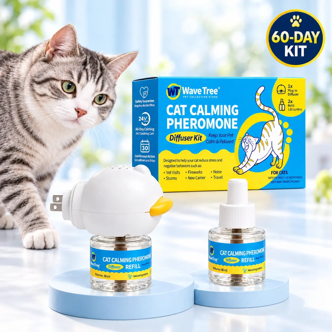 WaveTree 60-Day Cat Calming Diffuser - Helps with Stress, Pee Spraying, Aggression, Cat Fighting, Excessive Meowing & Scratching - 60-Day Refill Included - familyfun, helloween