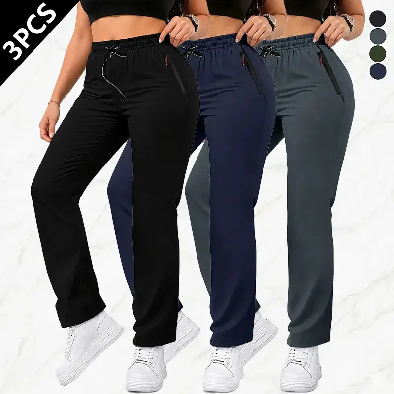 Women's Athletic Trousers, Pack of 3, Solid-Color Polyester with Drawstring Waist and Zip Pockets for Summer Outdoor Sports, Activewear Jogger Pants, Jogging Pants, Drawstring Jogger Trousers, Casual Athletic Joggers