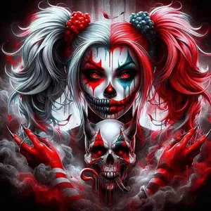 Gothic Red White Hair Clown Girl with Skull 5D Full Drill Diamond Painting Kit Dark Fantasy Harley Quinn Style Art DIY Cross Stitch Mosaic Craft Edgy Home Wall Decor Handmade Gift for Horror & Goth Lovers