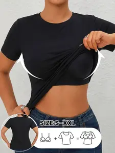 Women Built in Bra Tank Tops,Comfortable Fitted Round Neck T Shirt Top Short Sleeve,Casual Shirts Tank Tops,Going Out Tops,Basic Tees,Soft Elastic Fabric Smooth,All Seasons Wear,Womenswear