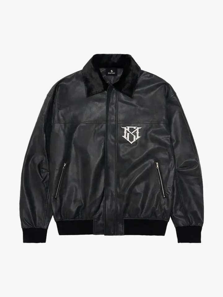 Supermade Fur Collar Rhinestone Pattern Leather Jacket - 2557