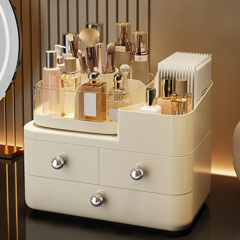 1 piece 3-layer large-capacity cosmetic storage box - portable cosmetic case with drawers, durable plastic design for vanities, bathrooms and tabletops - storage for lipsticks, skin care products, brushes, sturdy construction, smooth surface, metal knobs