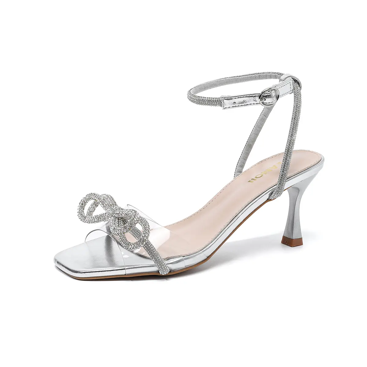 AMOJI Women's 3 Inch Bowknot Square Toe Rhinestone Block Heeled Sandal Clear Ankle Strap Kitten Heels 336/337 Elegant Party Essential for Weddings & Special Occasions
