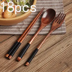 18pcs Natural Wooden Cutlery Set - Handmade Spoons, Chopsticks, And Forks Suitable for Dining And Kitchen Use