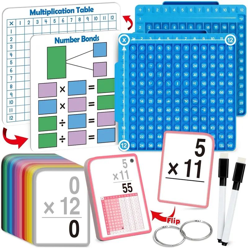 Torlam Unisex 12x12 Learning Activity Set - Math Practice Tool, Multiplication Flash Cards, Different Colored Cards, Dry-Erase Math Board, Educational Manipulatives, Stress Relief, Convenient Organization for Elementary Classrooms