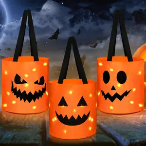 3/4 Pcs Halloween Candy Bucket with LED Lights Non Woven Gift Bags Trick or Treat Bags Pumpkin Candy Bags Reusable Tote Bags for Students Adults,Night Light Bags for Home Garden Lawn Decorations,Halloween Birthday Christmas Party Favor Supplies