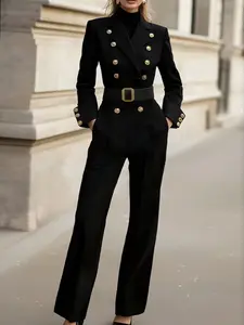 Elegant Women's Button Front Fitted Jumpsuit, Detachable Elastic Waistband, Belt, Fall Winter Fashion, Long Sleeve Pocket Design, Knit