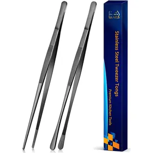 2 count 12-Inch Kitchen Tweezers Tongs with Precision Serrated Tips, Stainless Steel Chef Tweezer Professional Cooking Tweezers for BBQ,  and Serving (12-Inch, Black)