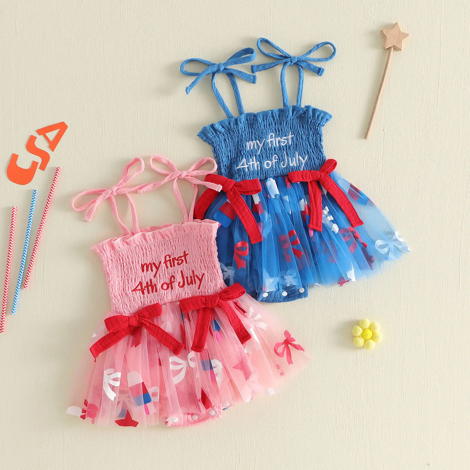 My first 4th of July Newborn Baby Girls Romper Dress Sleeveless Embroidery Letters Tulle Patchwork Party Bodysuit Summer 4th of July Clothing