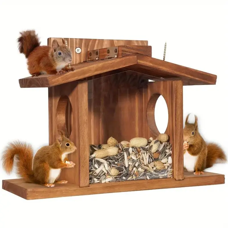 Wooden Squirrel Feeder Set, Winter Outdoor Squirrel Feeder, Corn and Peanut Wooden Nuts Feeder, Durable Feeding Box Easy to Fill, Removable Front Panel