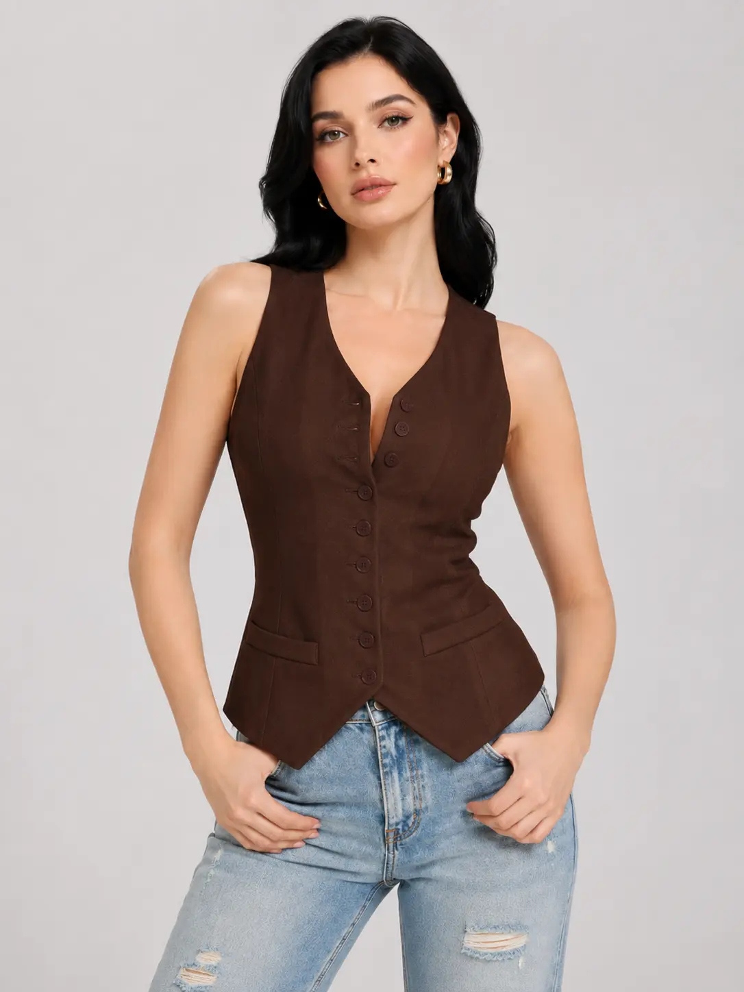 Women’s Brooklyn Babe Vest Top Sleeveless V Neck Button Down Pocket Detail Casual Blouse