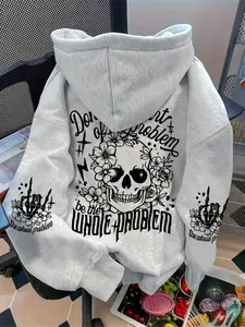 Women's Casual Drawstring Hooded Polyester Hoodie with Geometric Skull Print, Loose-Fitting Knit Fabric, Hooded Sweatshirt with Pocket Detail, Graphic Hoodies for Fall Winter