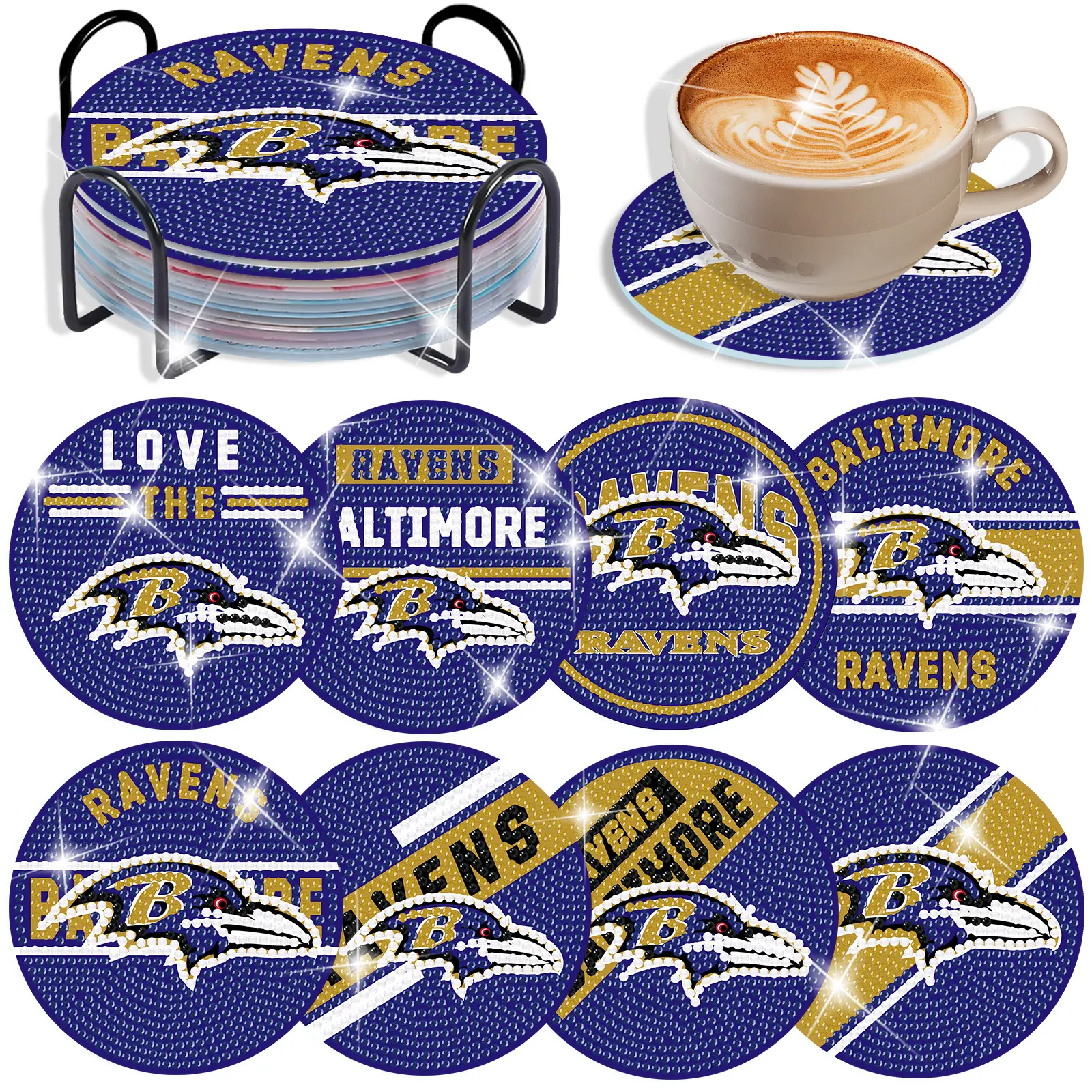 8-piece 5D Diamond Art Kit, DIY Rugby Team Diamond Painting Coasters, Diamond Art Mosaic, includes cork mat, storage rack, and tool bag. Suitable for adult craft enthusiasts.