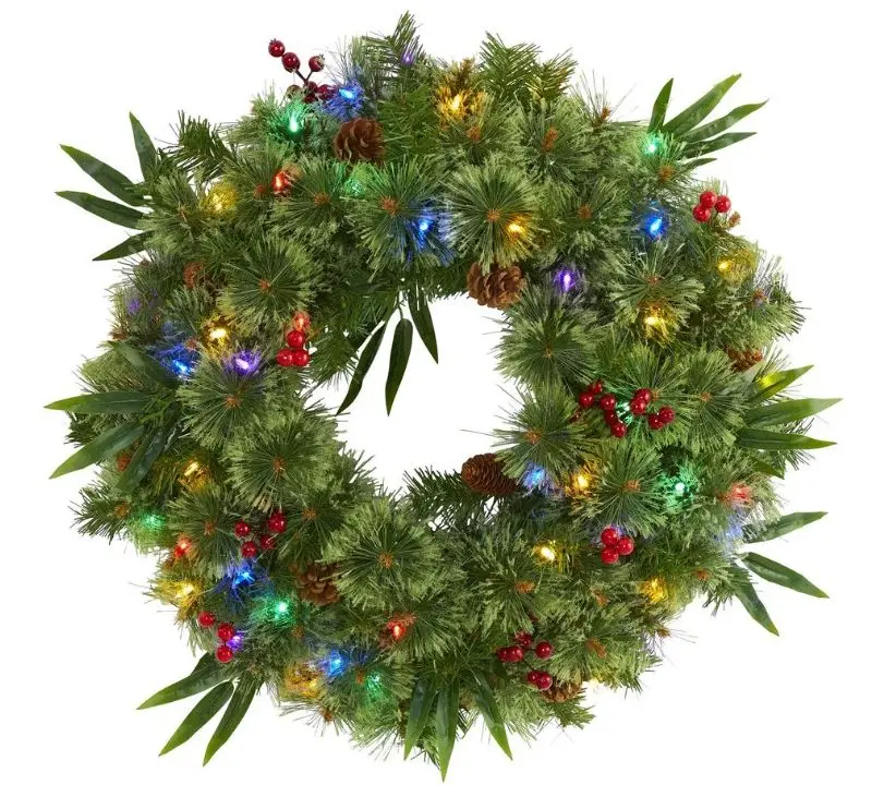 Nearly Natural 24-in Mixed Pine Christmas Wreath w/LED Lights