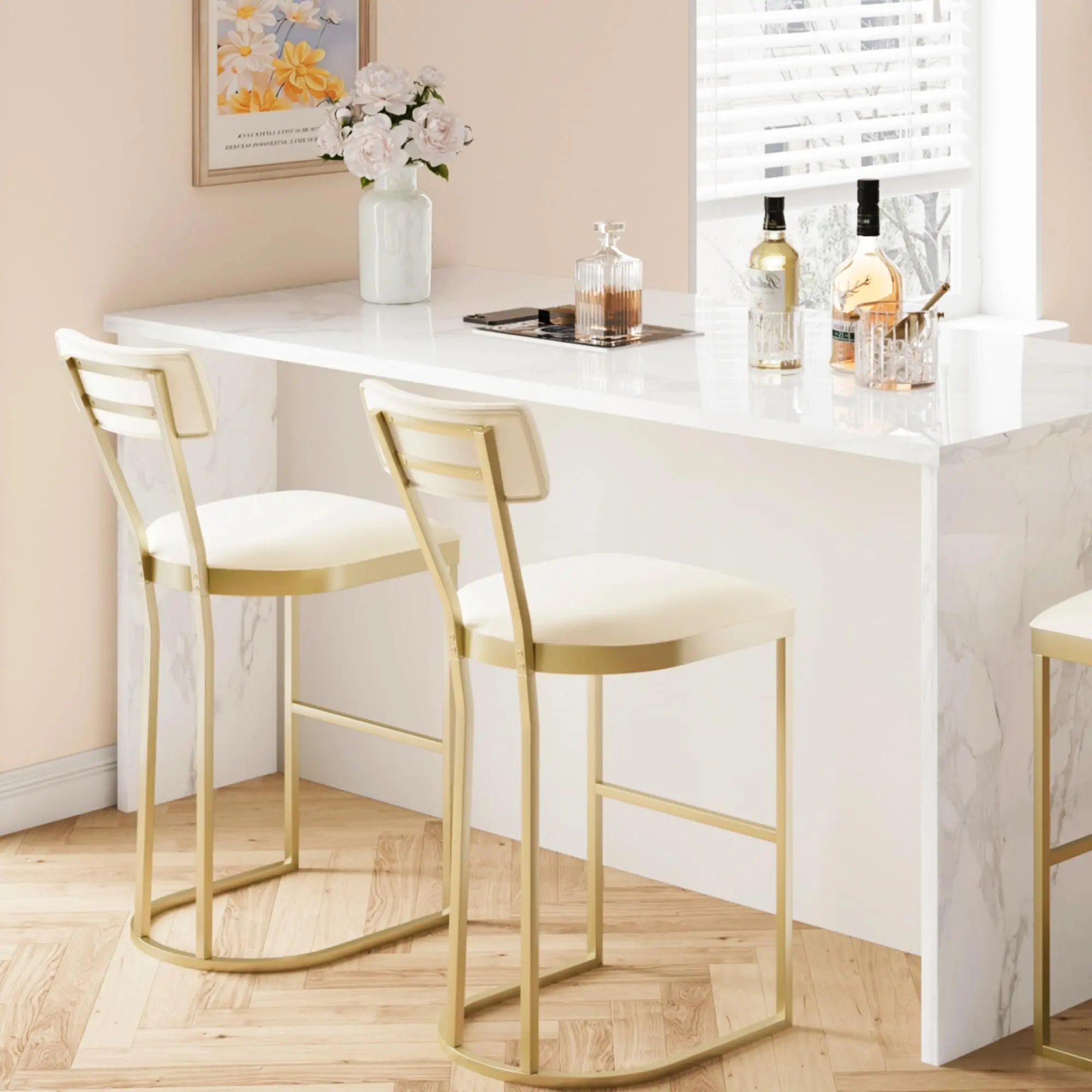Set of 2 Suede Upholstered Counter Height Bar Stools with Backrest - Mid Century Modern Style - Sturdy U-Shaped Metal Legs - Ideal for Kitchen Island, Dining Room, Home Bar or Pub Upholstered Counter Height Bar Stools