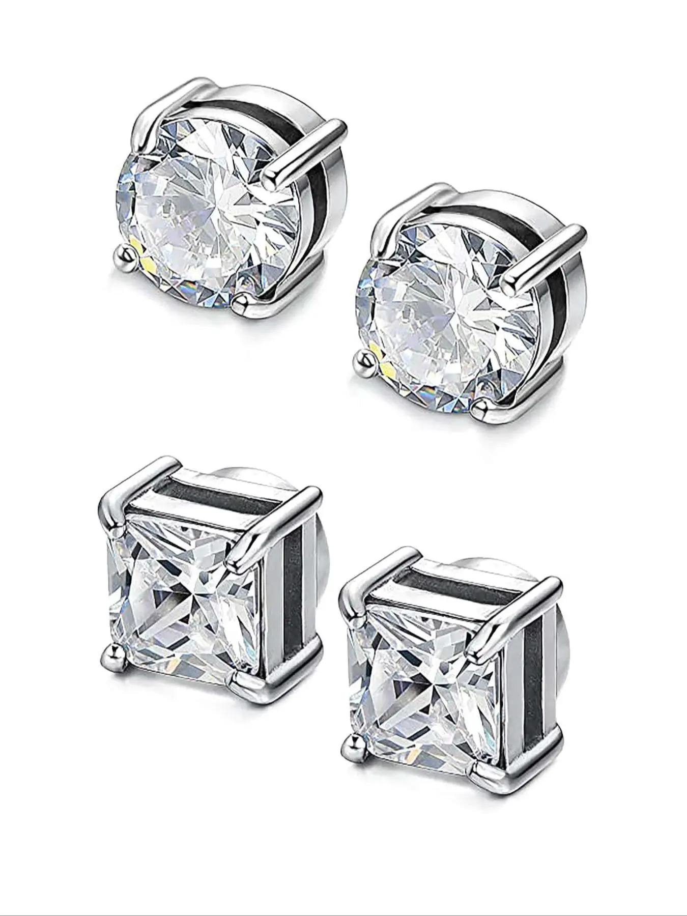 2pairs Stainless Steel Magnetic Square Stud High Quality Trendy Fashion Earring Jewelry Earrings Earring Set for Men Women Non-piercing CZ Hypoallergenic 6MM