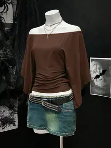 Elegant Off-Shoulder Multifunctional Pleated Flare Sleeve Women's Casual Fitted Solid Lightweight T-Shirt, Stylish and Comfortable, Perfect for Spring Daily Wear Top