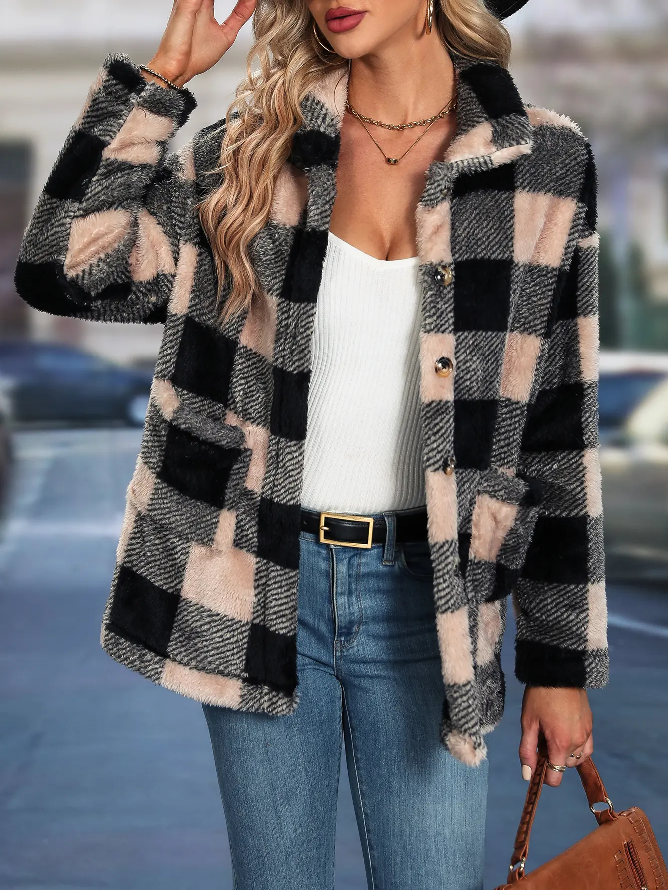 YESFASHION Women's Plaid Fleece Shacket - Lady's Oversized Loose Straight Collared Long Sleeve Button-Down Coat with Pockets, Light-Thick Soft Warm Winter Fall Outerwear, Casual Streetwear Vintage Apricot Black S-XL XYZ
