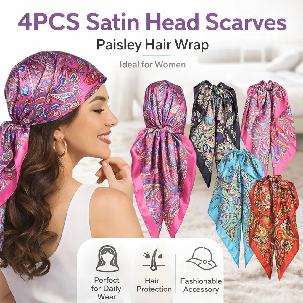 Women's 4-Pack Silk Touch Decorative Scarves - 35in Large Square Satin Kitchen Accessory, Comfy Vintage Prints Fashion Shawl for Everyday, Christmas Use (Hair Kerchief, Head/Neck Wrap)