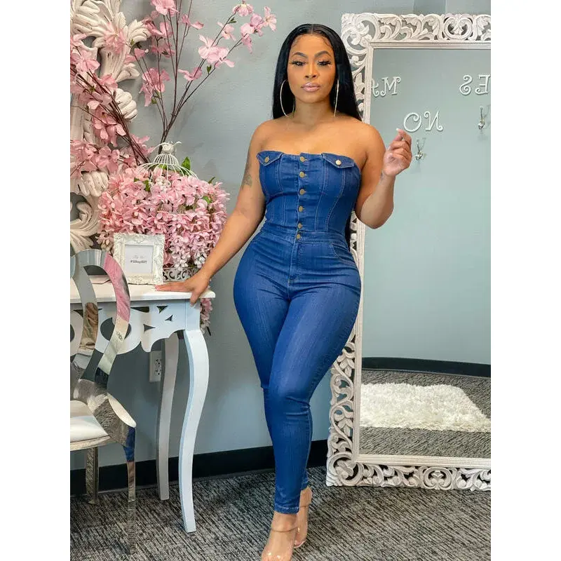 (New) Women's Slim Skinny Stretch Denim Jumpsuit - Strapless, Bodycon Blue Jeans, Basic Style Casual Overalls with Cardigans for Summer Sports & Outdoor Wear, Comfortable, Elastic, Lady, Sleeveless, Jumpsuits For Women, Strapless Top, Fabric, Jeans Bottom