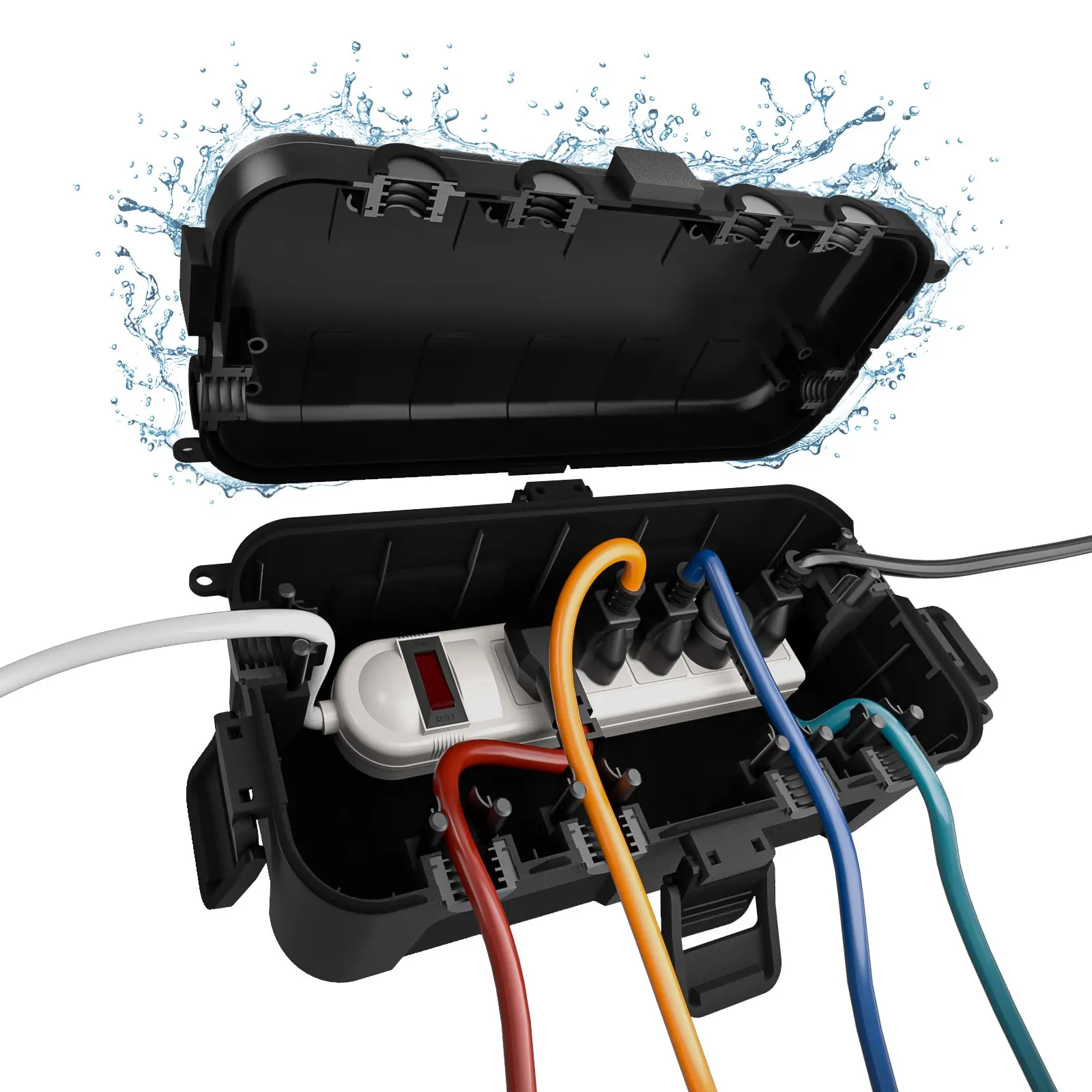 Flemoon Medium Outdoor Electrical Safety Box (11.5x5.2x4 in), IP54 Waterproof Extension Cord Cover with 6 Cable Entry Ports, Cord Organization & Cable Management Solution for Power Strip, Timer