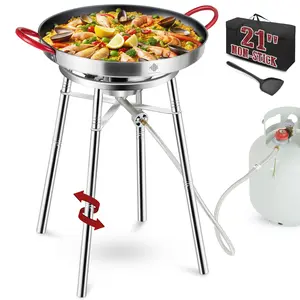 Nonstick Paella Pan, 37,000 BTU Stainless Steel Paella Burner and Stand Set, Paella Pan Set with Propane Burner Head, Carry Bag, Wok Spatula, Foldable Brackets (9-16 Servings)