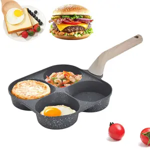 Non-stick Egg Frying Pan, 4 Holes Skillet With Handle, Multifunctional, Wooden Handle Medical Stone Omelet Non-stick Cookware frying pan,Small Frying Pan for Eggs, Omelets, Toast, Pancakes, Crepes, Sandwiches, Breakfast, Easy Clean, Kitchen Gadget