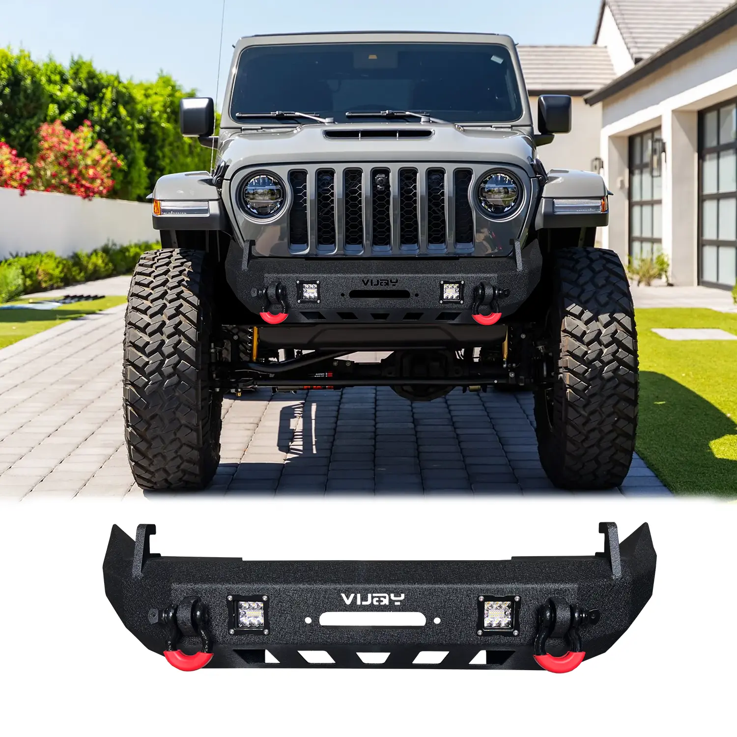 Vijay Black Texture Front Bumper for 2007-2025 Jeep Wrangler JK, JL & Gladiator JT Vehicle - Cars Accessories with Winch Plate, 2 Lights, 4.75T D-Rings Simple screw installation