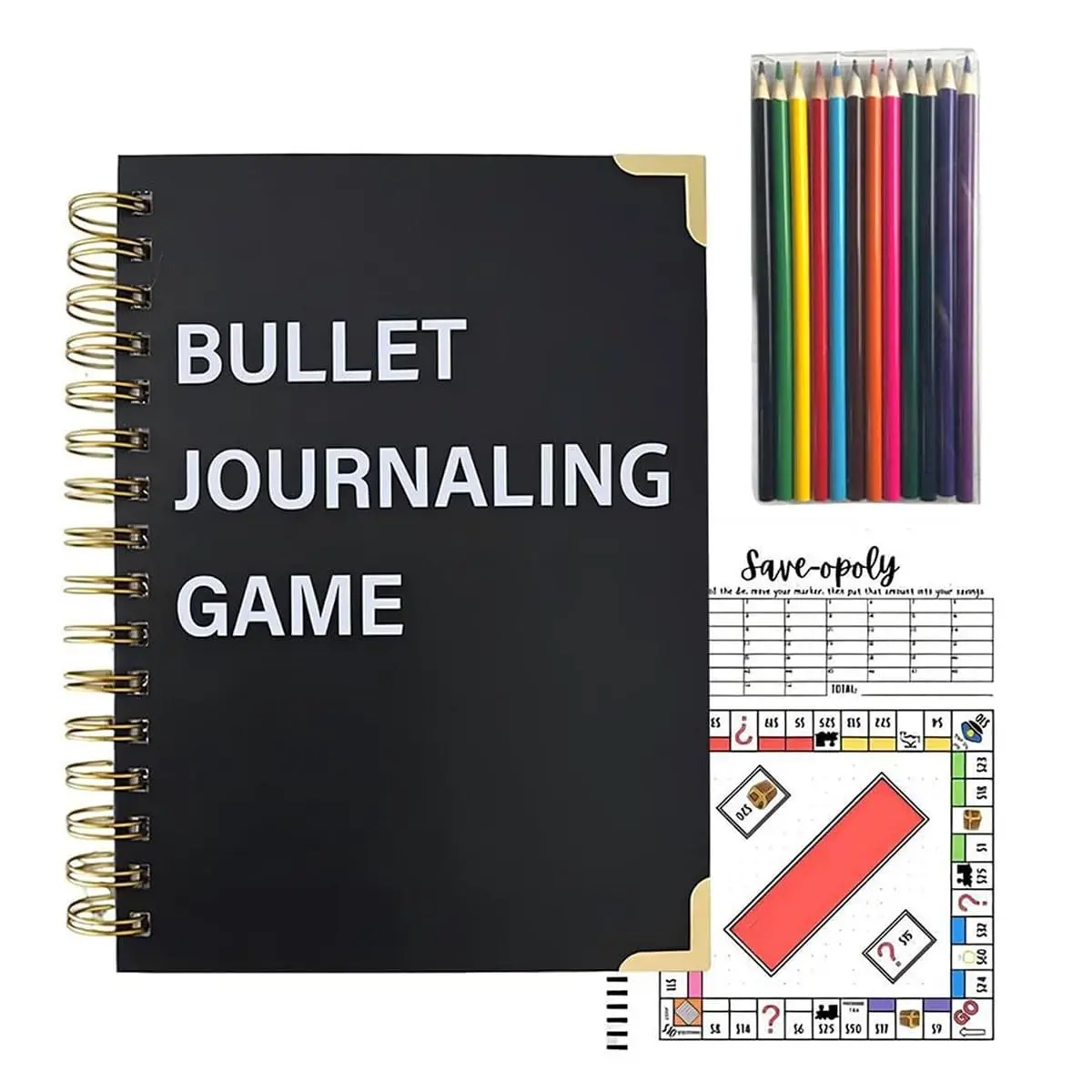 Bullet Journaling Game Notebook, Saveopoly Savings Challenge Planner with 12 Colored Pencils, Interactive Budget Tracker for Money Saving, Finance Goals & Personal Planning